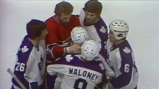 Montreal Canadiens Larry Robinson restraining Toronto Maple Leafs Dave “Tiger” Williams when he tried to attack referee Bob Myers after Toronto got swept in the playoffs by … read more